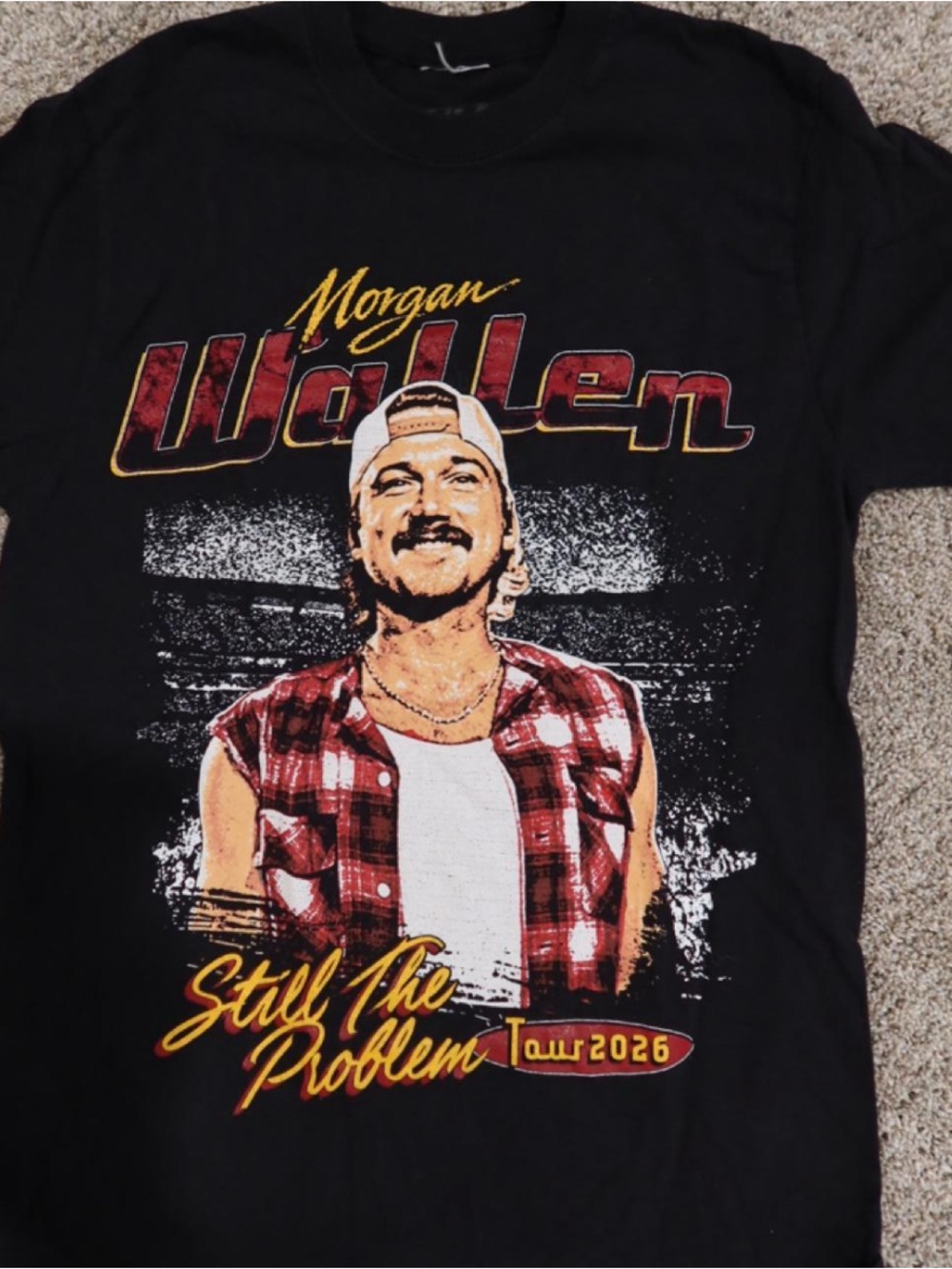 Black Short-Sleeve Graphic Tee with Red Plaid Artwork